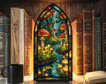 Mushroom Forest Faux Stained Glass Book Nook – Whimsical Fantasy Bookshelf Decor