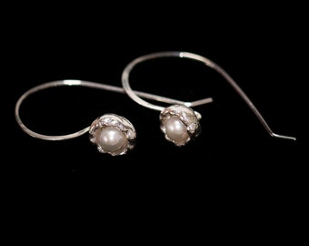 Silver Earrings, Floral Set with White Pearl, French Loops