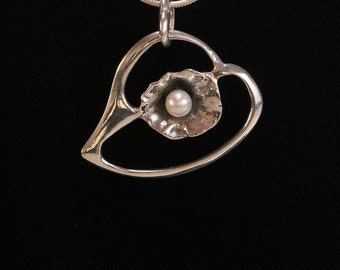 Heart Pendant with Floral Elements  set with Pearl, Sterling Silver