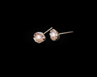 Silver Earrings Pearl Studs, Mini Floral Design Set with Pearl