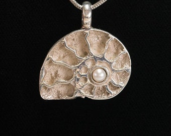 Ammonite Pendant set with Pearl, Sterling Silver Jewelry