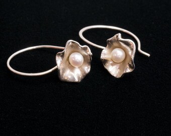 Silver Pearl Earrings, Floral Design Set with White Pearl, French Loops, Silver Jewelry