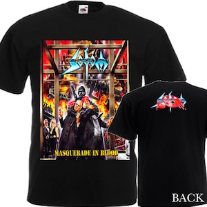 May include: Black t-shirt with a graphic of the band Slayer's album cover "Masquerade in Blood". The back of the shirt has a smaller graphic of the band's logo.