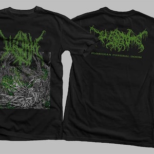 May include: Black t-shirt with a green and white graphic print of a band logo. The back of the shirt has the text "FLORIDIAN FUNERAL DOOM" printed in green.