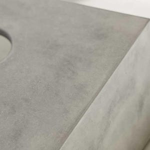 May include: A gray concrete planter with a circular opening in the center. The planter has a rough, textured surface.