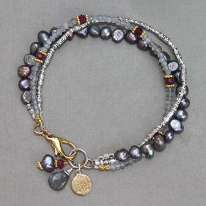 Labradorite Ruby Quartz Peacock Pearl Silver Triple Strand Bracelet Handcrafted Sundance Style