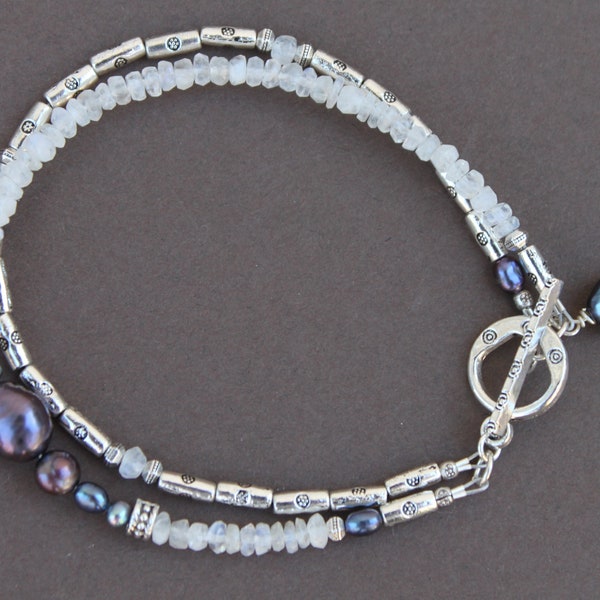 Moonstone Freshwater Pearl Silver Pewter Double Strand Bracelet Handcrafted Sundance Style