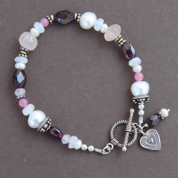 Garnet Rose Quartz Freshwater Pearl Sterling  Silver Gold Fill Mixed Metal Sundance Style Bracelet