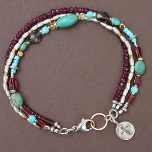 Turquoise Garnet Citrine Hill Tribe Thai Silver Gem Mix Triple Strand Bracelet Sundance Style