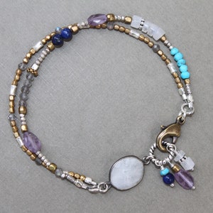 Moonstone Labradorite Turquoise Lapis Hill Tribe Thai Silver Brass Mixed Metal Double Strand Bracelet Sundance Style