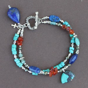 Turquoise Lapis Carnelian Zuni Fetish Bear Gem Silver Double Strand Handcrafted Bracelet Sundance Style