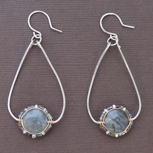 Hoop Earrings Labradorite Seed Bead Wire Wrapped Bezel Mixed Metal Sterling Silver Gold Handcrafted