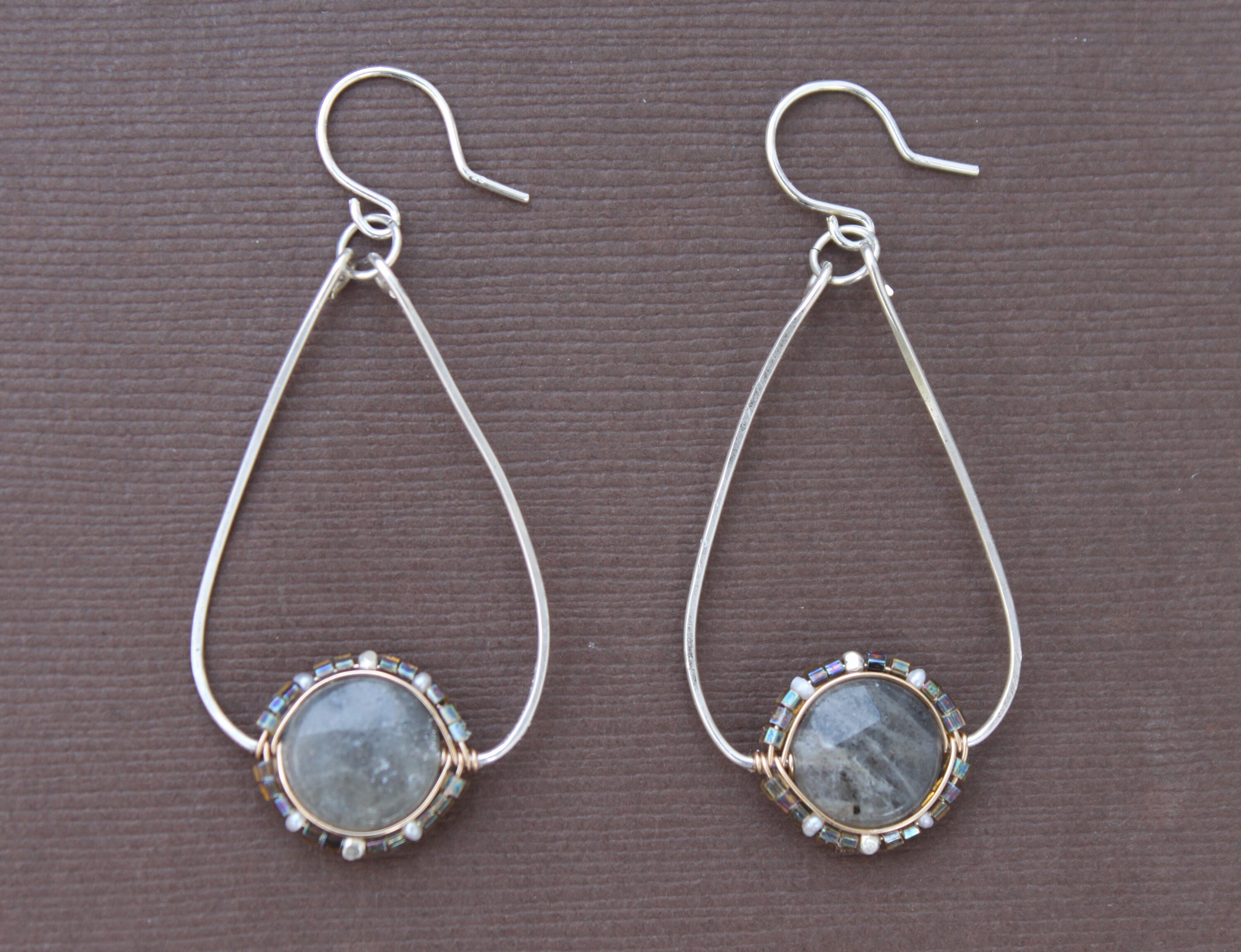 Hoop Earrings Labradorite Seed Bead Wire Wrapped Bezel Mixed Etsy