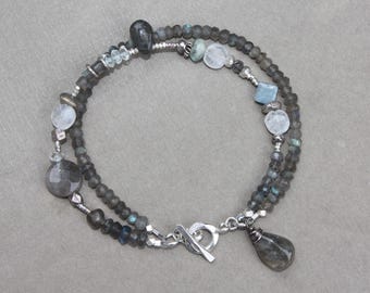 Labradorite Aquamarine Moonstone Hill Tribe Thai Silver Double Strand Bracelet Handcrafted Sundance Style