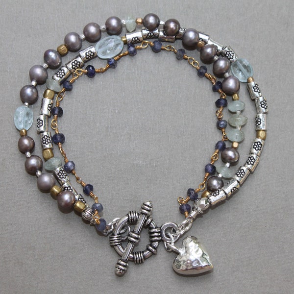 Platinum Pearl Aquamarine Iolite Silver Pewter Brass Mixed Metal Triple Strand Bracelet