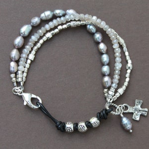 Mystic Moonstone Pearl Silver Cross Black Leather Sundance Style Triple Strand Bracelet