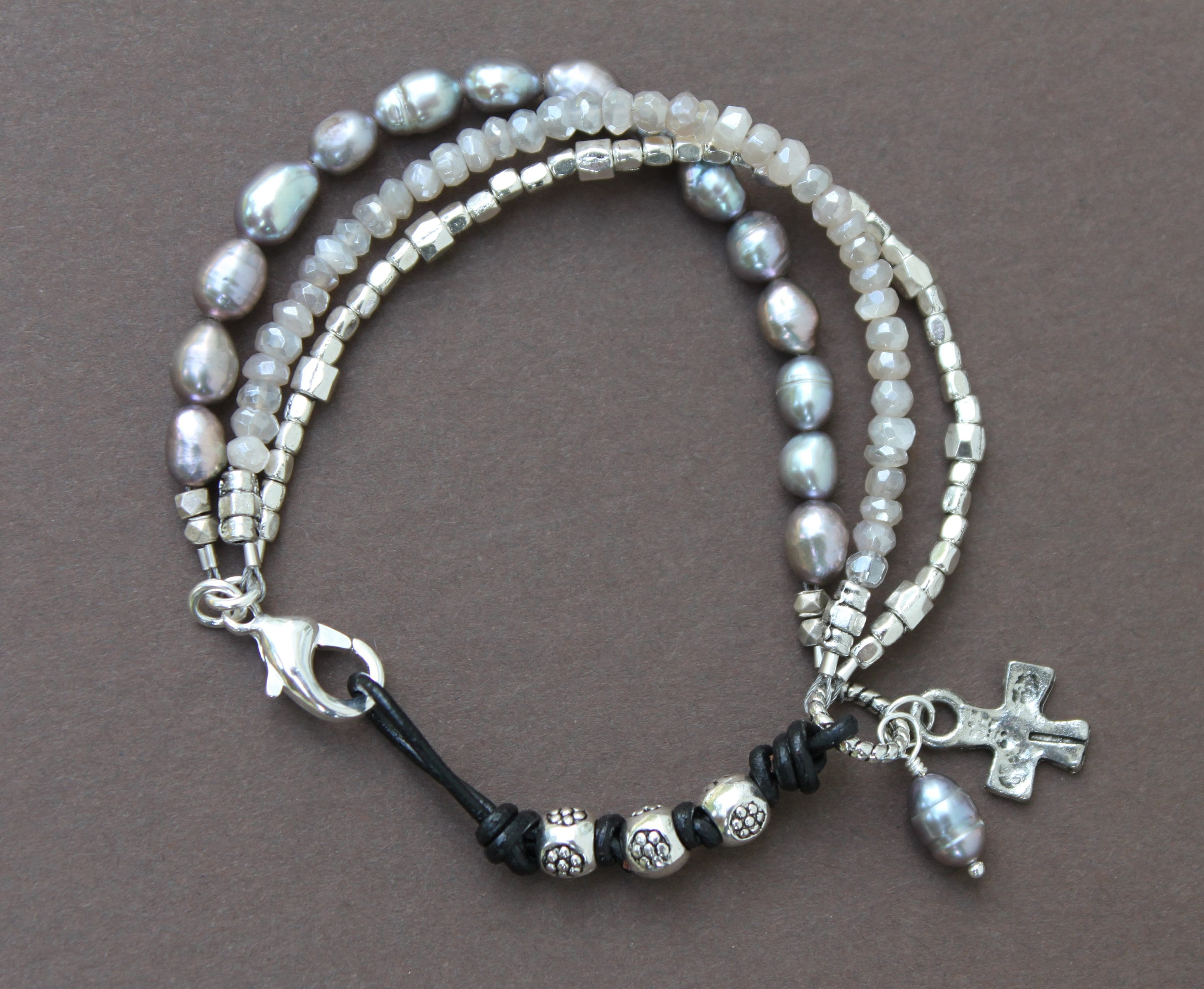 Mystic Moonstone Pearl Silver Cross Black Leather Sundance