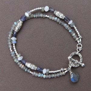 Labradorite Iolite Moonstone Gem Mix Silver Pewter Sundance Style Double Strand Bracelet