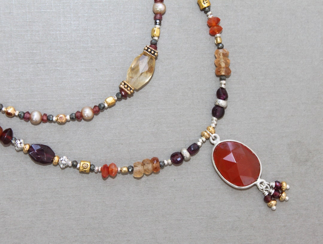 Carnelian Pendant Garnet Gold Pearl Double Strand Handcrafted Gold ...