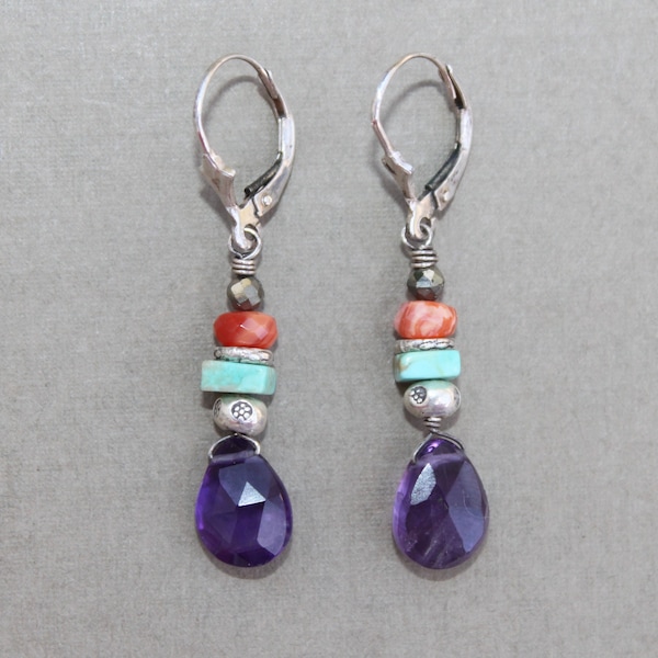 Amethyst Turquoise Mexican Fire Opal Thai Silver Sterling Silver Dangle Leverback Earrings