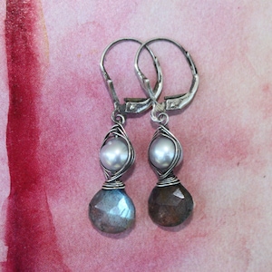 Faceted Labradorite Drop Freshwater Pearl Oxidized Sterling Silver Wire Wrapped Dangle Leverback Earrings