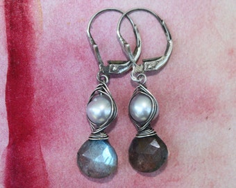 Faceted Labradorite Drop Freshwater Pearl Oxidized Sterling Silver Wire Wrapped Dangle Leverback Earrings