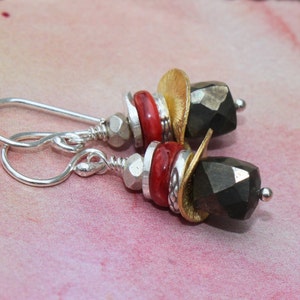 Faceted Pyrite Cube Spiny Oyster Shell Thai Silver Handmade Stack Dangle Earrings