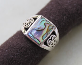 Vintage Oxidized Sterling Silver Abalone Shell Filigree Scrolll Band Wide Ring Size 6.5