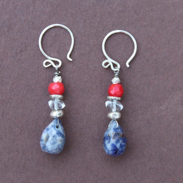 Sodalite Aquamarine Coral Karen Hill Tribe Thai Silver Sterling Dangle Earrings