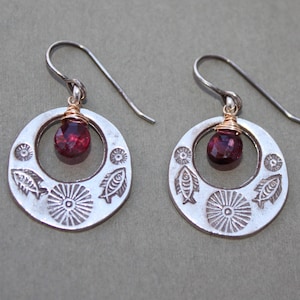 Stamped Thai Silver Loop w/Faceted Pink Tourmaline Briolette Oxidized Sterling Silver Dangle Earrings