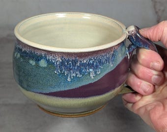 Tazón de sopa de cerámica con asa - Verde oliva, morado, azul y crema - 710 ml