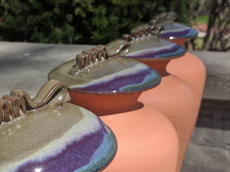 Puede incluir: Una fila de jarras de cer&aacute;mica de color terracota con tapas a juego. Las tapas est&aacute;n esmaltadas con una mezcla de colores, incluyendo verde, morado y azul. Cada tapa tiene un dise&ntilde;o de asa &uacute;nico. Las jarras est&aacute;n dispuestas en l&iacute;nea.