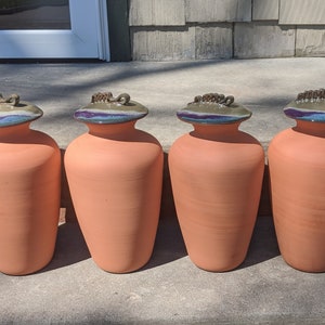Large 1.25 Gallon Terracotta Watering Pots with Olive, Purple & Blue Stoneware Lids