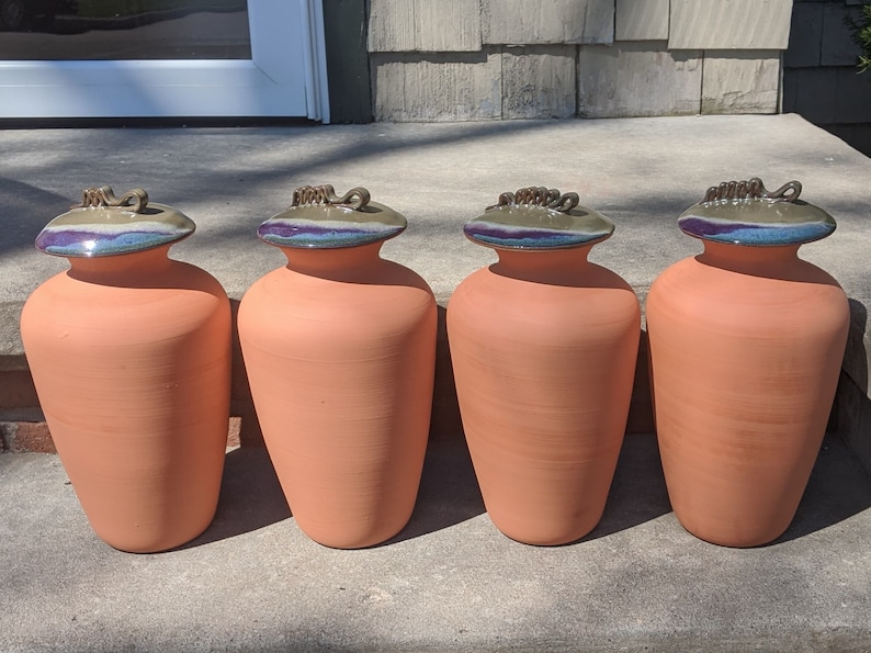 Large 1.25 Gallon Terracotta Watering Pots with Olive, Purple & Blue Stoneware Lids