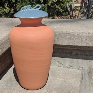 Puede incluir: Un jarr&oacute;n de cer&aacute;mica grande, color terracota, con tapa azul claro. La tapa tiene un asa decorativa. El jarr&oacute;n es cil&iacute;ndrico con la parte superior ligeramente ensanchada. El jarr&oacute;n est&aacute; sobre una superficie de hormig&oacute;n.