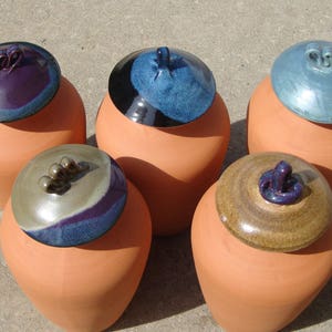 Puede incluir: Cinco jarras de cer&aacute;mica color terracota con tapas decorativas. Las tapas est&aacute;n esmaltadas en varios colores, incluyendo azul, morado y marr&oacute;n, y presentan dise&ntilde;os de asa &uacute;nicos. Las jarras est&aacute;n dispuestas en grupo, mostrando su naturaleza artesanal.