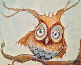 Giclee Print Illustration Leaning Norman the Owl by Rebecca Salcedo Ffaw