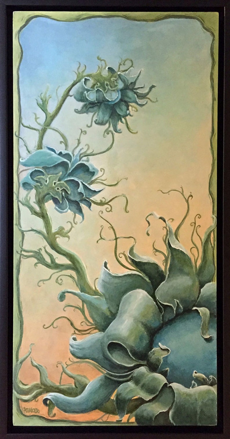 10x20 Original Painting Floral Landscape Eager Awakenings Fantasy Surreal Sunflower by Rebecca Salcedo image 2