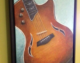 16x20 Original Painting Framed Orange Starburst Taylor Hybrid Guitar by Rebecca Salcedo Free Shipping