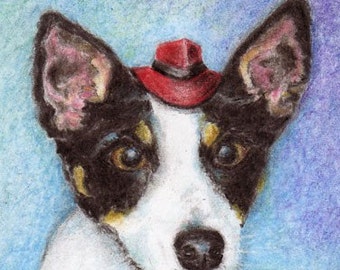 ACEO Mini Print Fox Terrier Dog Red Hat by Rebecca Salcedo Tiny Art dog in a hat smelly rhino studio