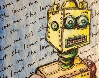 ACEO Robot Love  Print by Rebecca Salcedo She Love Me She Love Me Not