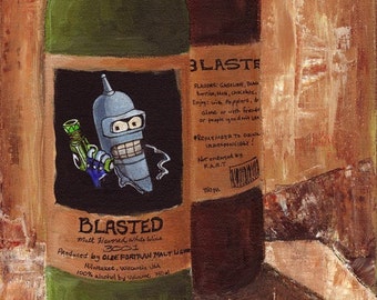 8x10 Giclee Print Benders Label Wine Label Robot Art by Rebecca Salcedo