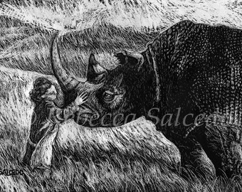 Scratchboard Rhino Giclee Print Rhinoceros Art by Rebecca Salcedo Smelly Rhino Studio