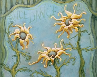 Giclee Print Dancing Sunflowers Anthropomorphic flowers by Rebecca Salcedo Free Shipping Smelly Rhino Studio