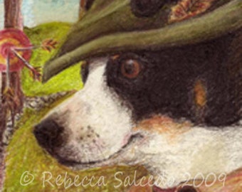 ACEO Mini Print Fox Terrier Dog Robin Hood by Rebecca Salcedo Tiny Art dog in a hat Smelly Rhino Studio