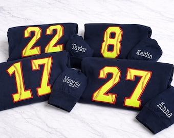 Custom Softball Number Appliqué Crewneck Sweatshirt | Personalized Sports Mom Embroidered Pullover | Game Day Shirt