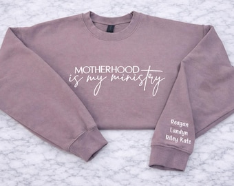 Custom Embroidered Motherhood Is My Ministry Sweatshirt | Christian Mom Crewneck | Faith Based Mama Shirt
