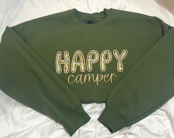 Happy Camper Reverse Embroidered Custom Crewneck Sweatshirt and apparel