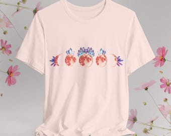 Crystals Crescent Moon T-shirt: Celestial Lunar Phase Graphic Tee