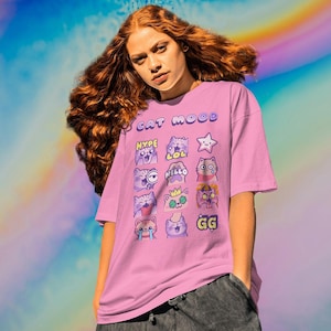 Anime Cat Mood T-Shirt, Kawaii Kitty Tee, Cute Cartoon Feline Shirt, Japanese Style Graphic Top, Funny Cat Lover Gift